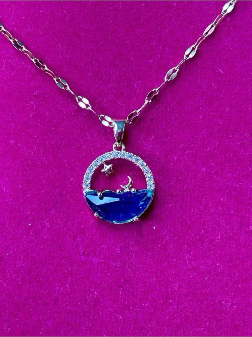 New Blue Crystal Moon & Star Pendant Necklace on 18” gold chain